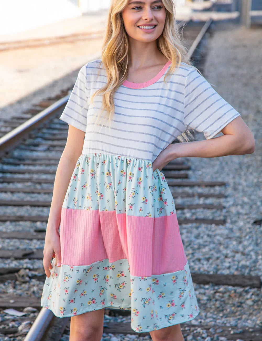 Floral and Stripe Color Block Fit and Flare Rib Dress | Daverri Fashions