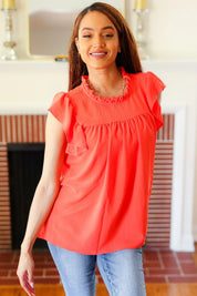 Red-Orange Mock Neck Flutter Sleeve Top | 07-01-25 Summer Sale Daverri Fashions