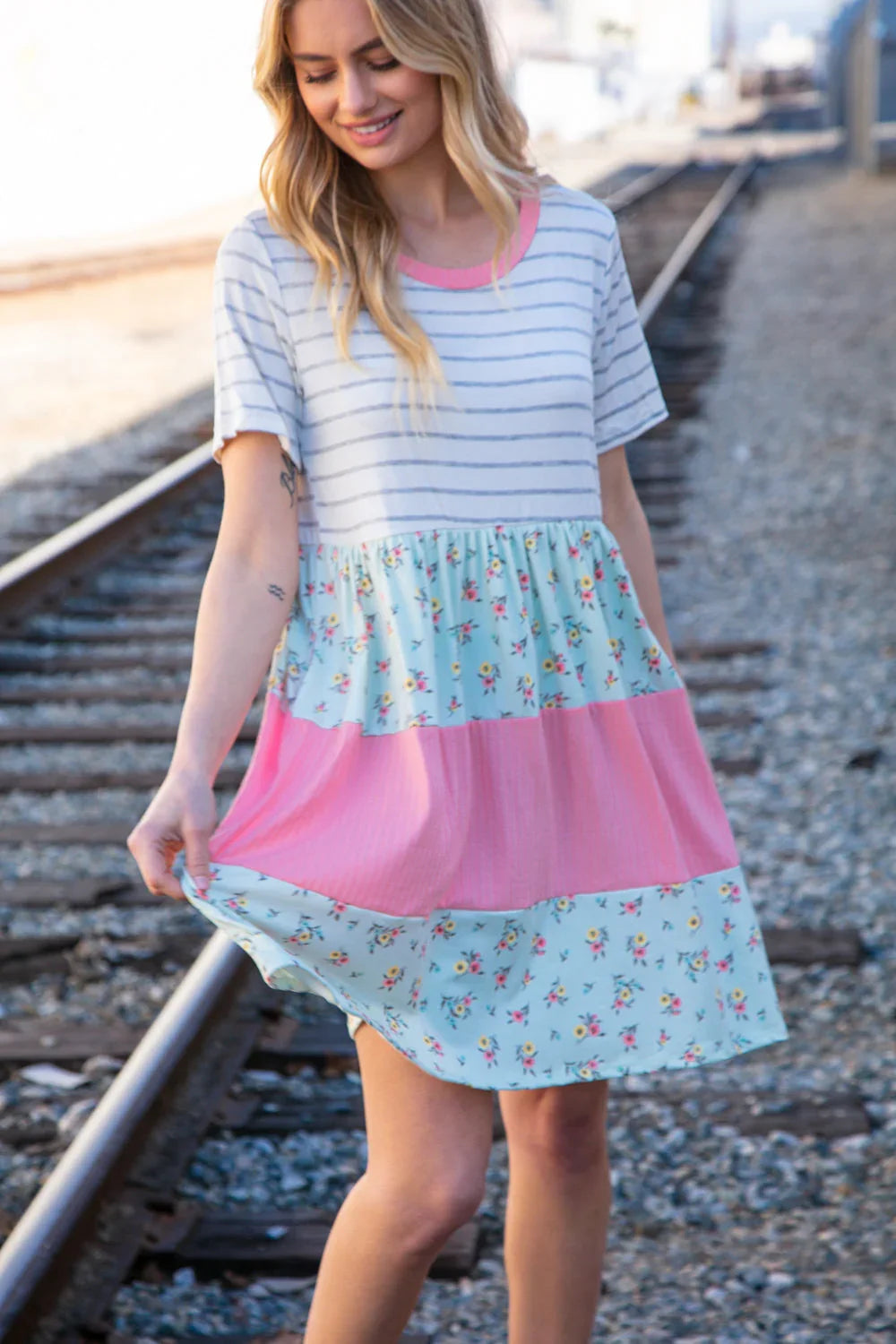 Floral and Stripe Color Block Fit and Flare Rib Dress | Daverri Fashions