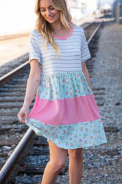 Floral and Stripe Color Block Fit and Flare Rib Dress | Daverri Fashions