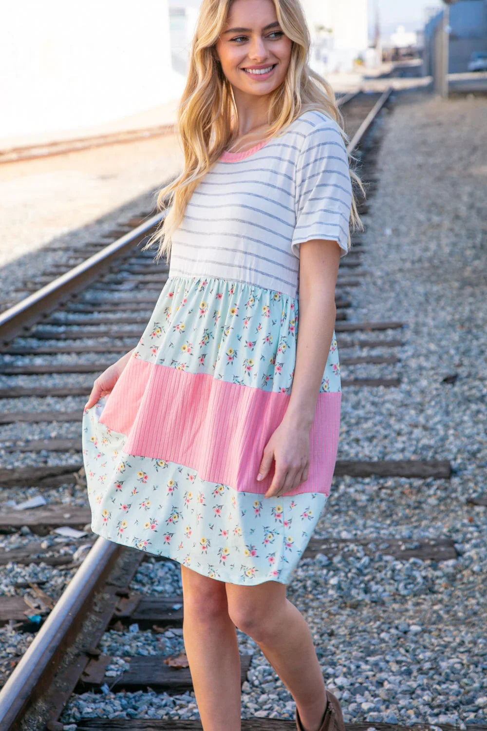 Floral and Stripe Color Block Fit and Flare Rib Dress | Daverri Fashions