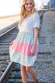 Floral and Stripe Color Block Fit and Flare Rib Dress | Daverri Fashions