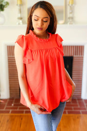 Red-Orange Mock Neck Flutter Sleeve Top | 07-01-25 Summer Sale Daverri Fashions