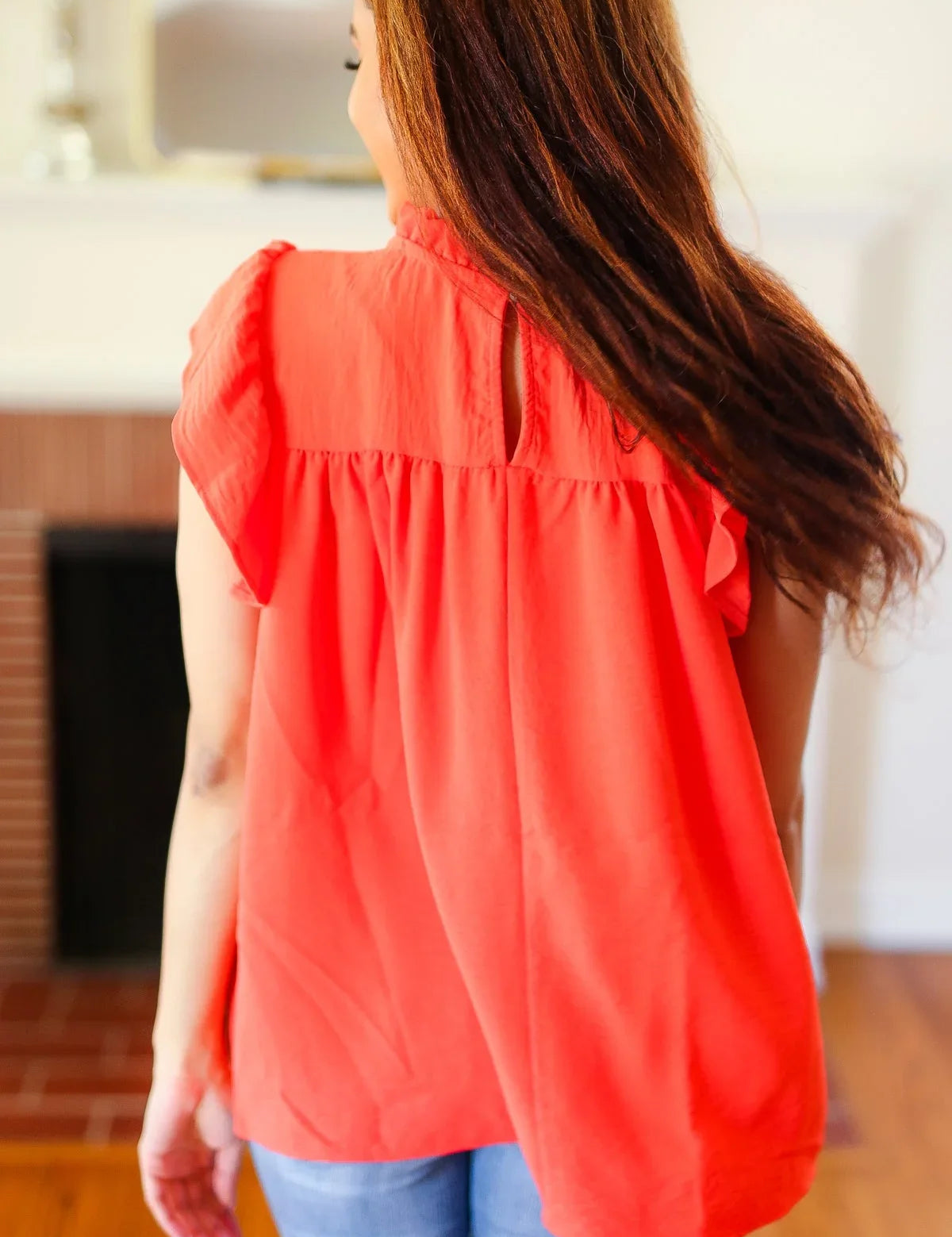 Red-Orange Mock Neck Flutter Sleeve Top | 07-01-25 Summer Sale Daverri Fashions