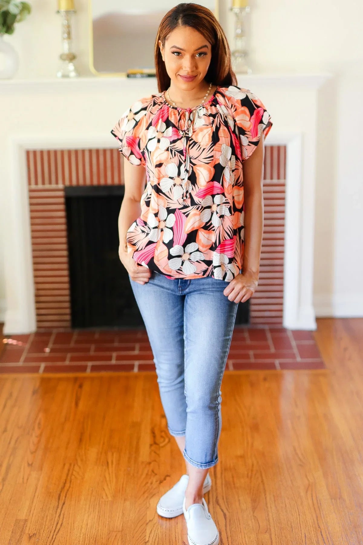 Peach Tropical Floral Tie Neck Raglan Top | Daverri Fashions