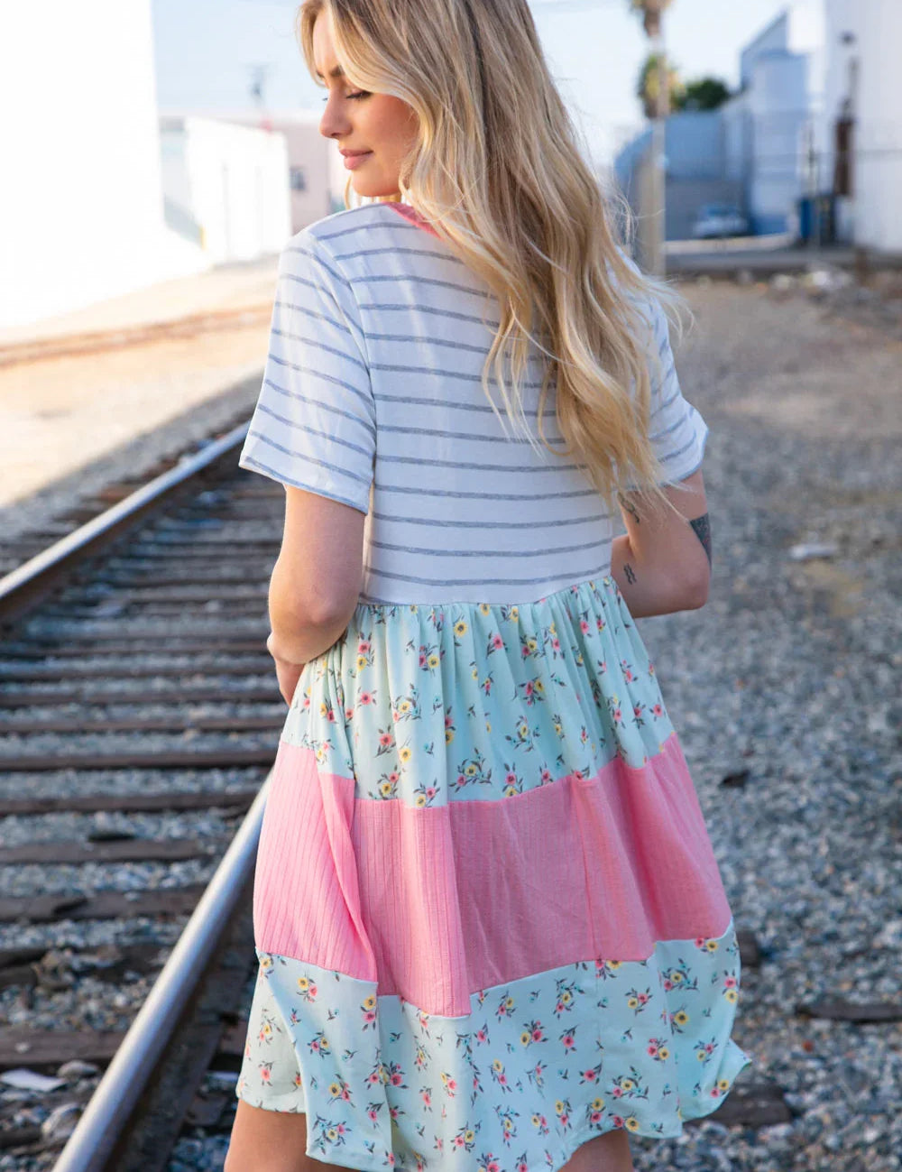 Floral and Stripe Color Block Fit and Flare Rib Dress | Daverri Fashions