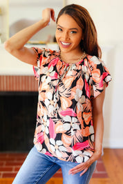 Peach Tropical Floral Tie Neck Raglan Top | Daverri Fashions