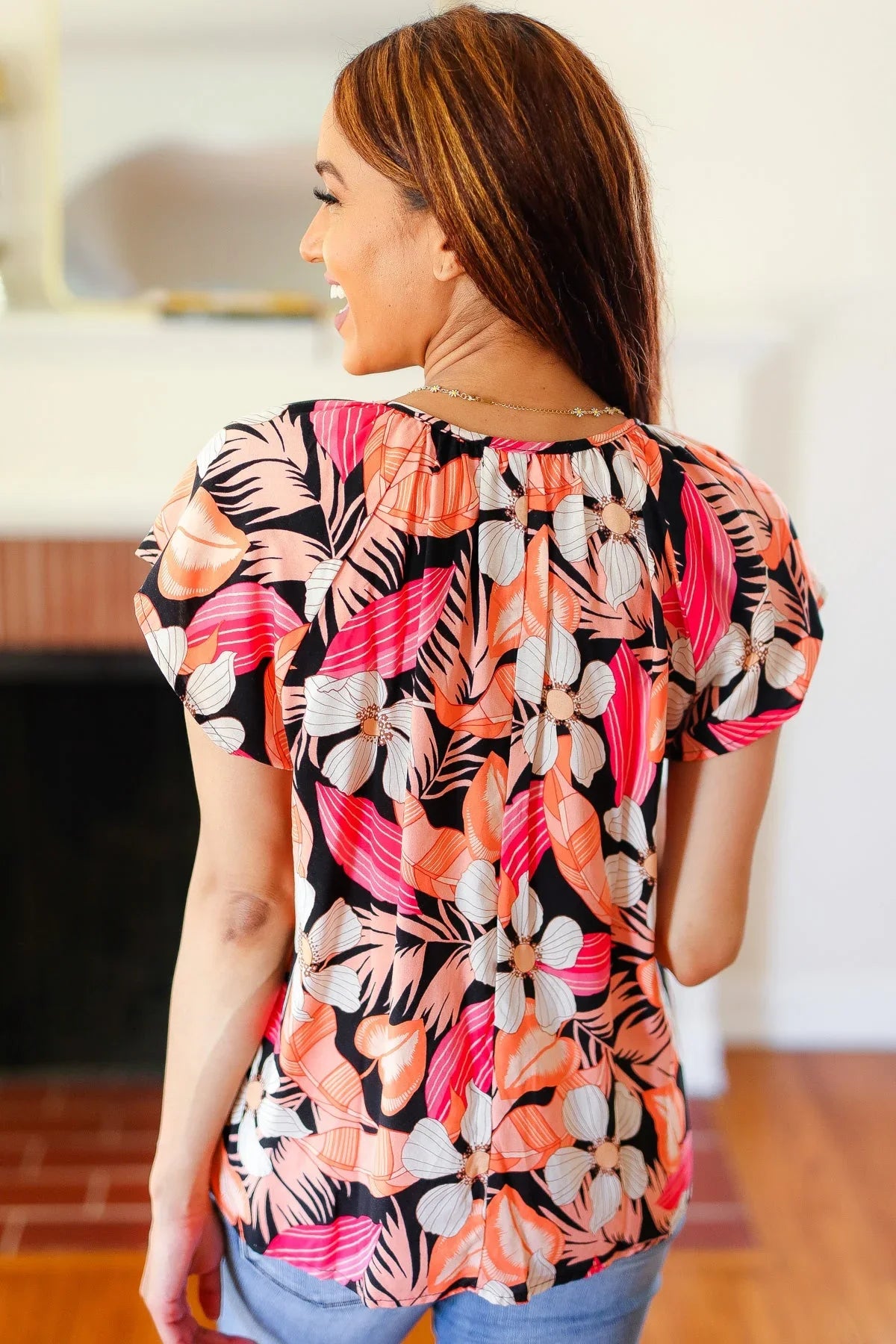 Peach Tropical Floral Tie Neck Raglan Top | Daverri Fashions