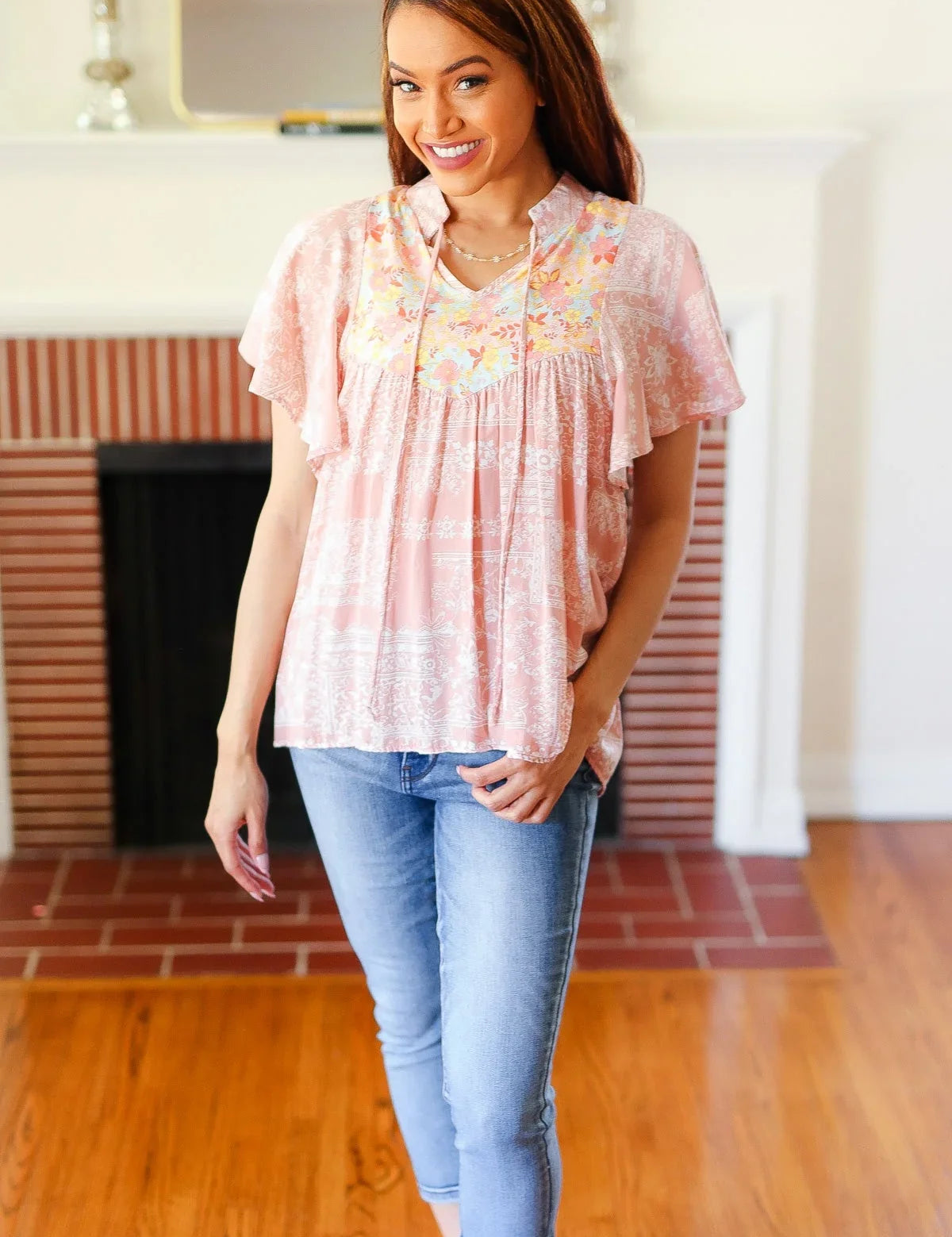 Blush Paisley Floral Yoke Tie Neck Top | 07-01-25 Summer Sale Daverri Fashions
