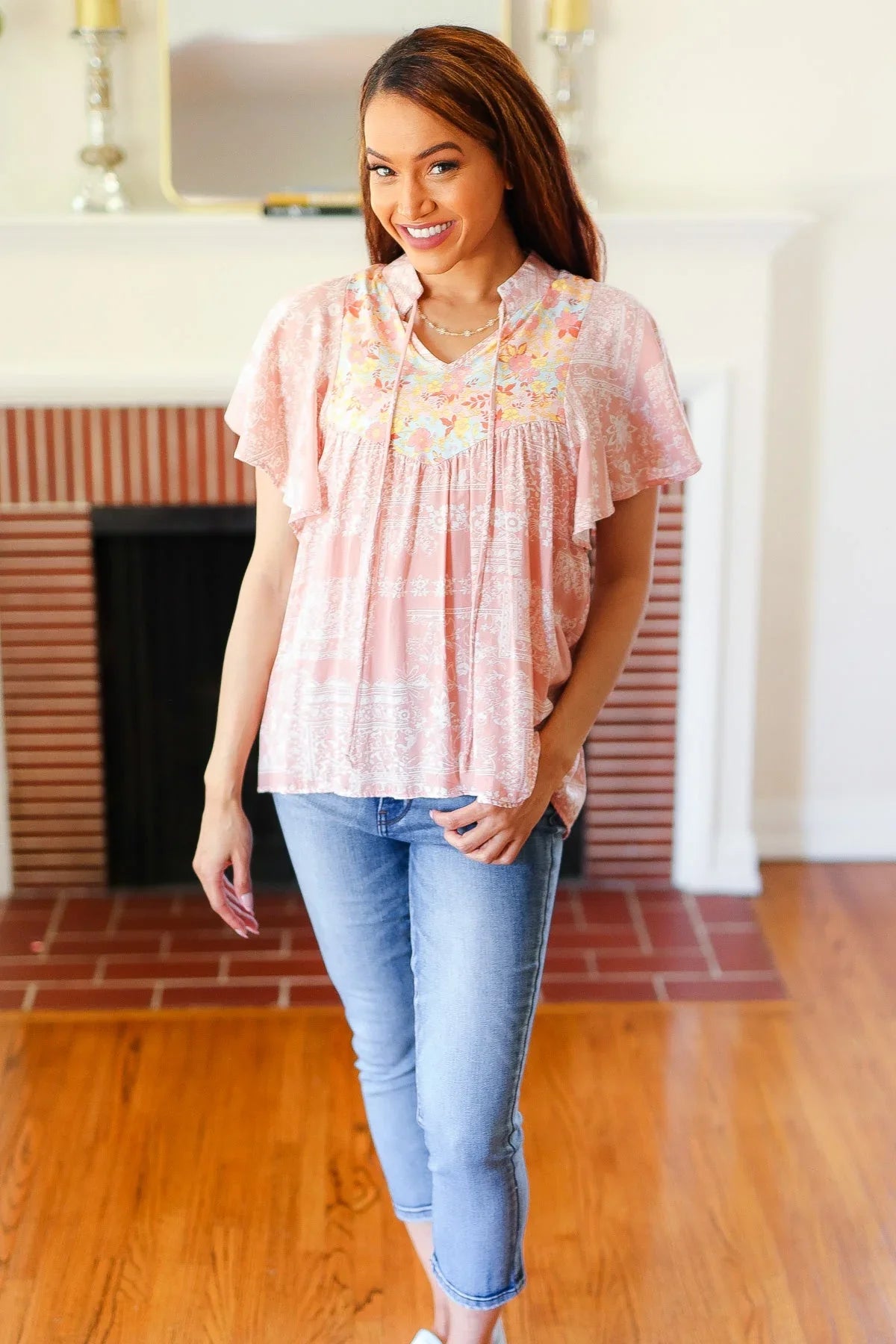 Blush Paisley Floral Yoke Tie Neck Top | 07-01-25 Summer Sale Daverri Fashions