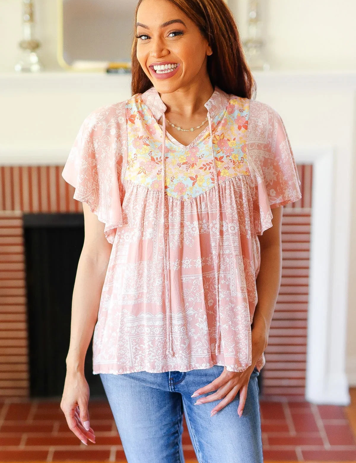 Blush Paisley Floral Yoke Tie Neck Top | 07-01-25 Summer Sale Daverri Fashions