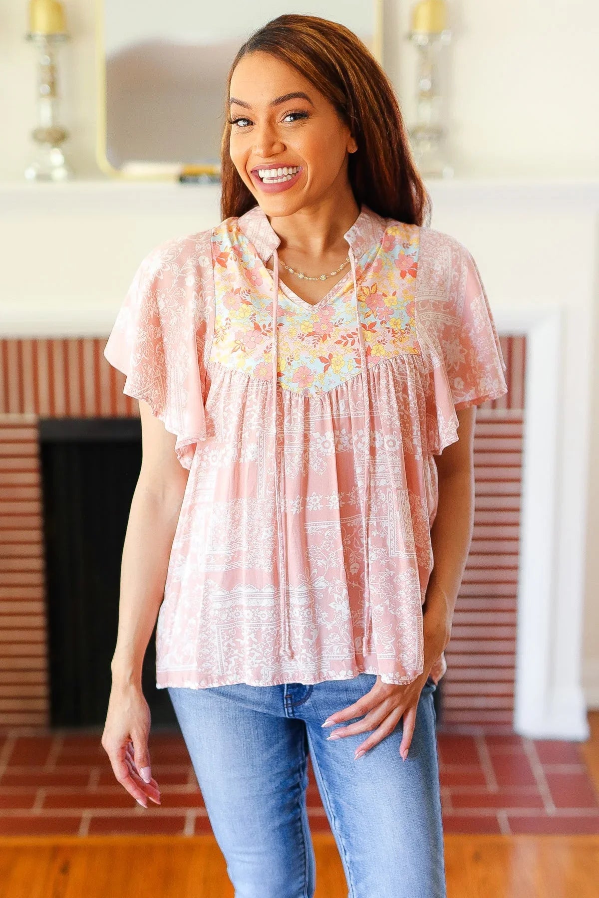 Blush Paisley Floral Yoke Tie Neck Top | 07-01-25 Summer Sale Daverri Fashions