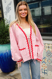 Spell Bound Red & Pink Cotton Ribbon Tie Gingham Pocket Jacket | Daverri Fashions