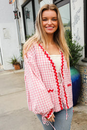 Spell Bound Red & Pink Cotton Ribbon Tie Gingham Pocket Jacket | Daverri Fashions
