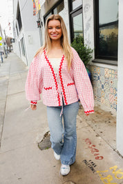 Spell Bound Red & Pink Cotton Ribbon Tie Gingham Pocket Jacket | Daverri Fashions