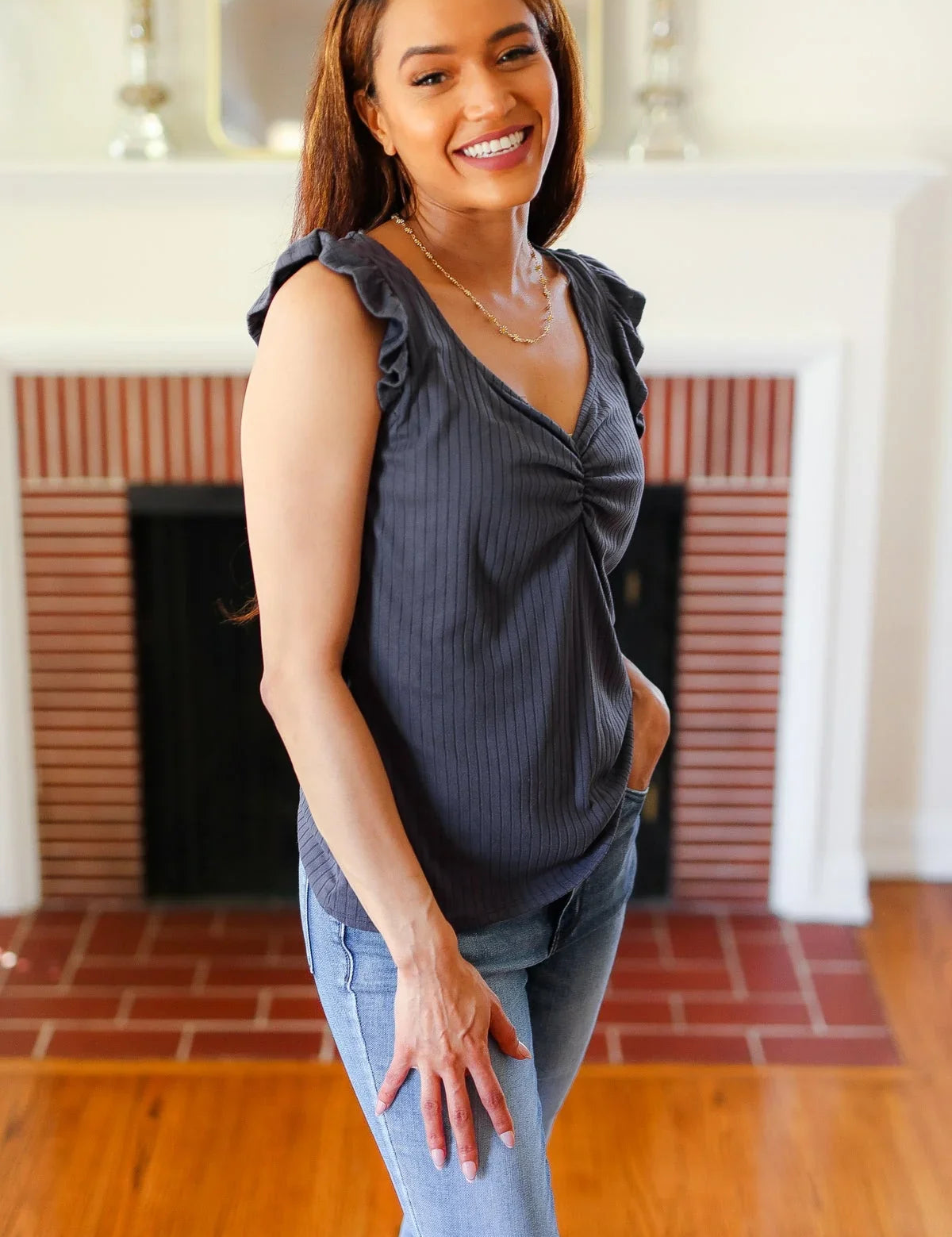 Sunny Days Charcoal Sweetheart Neckline Ribbed Top | Daverri Fashions