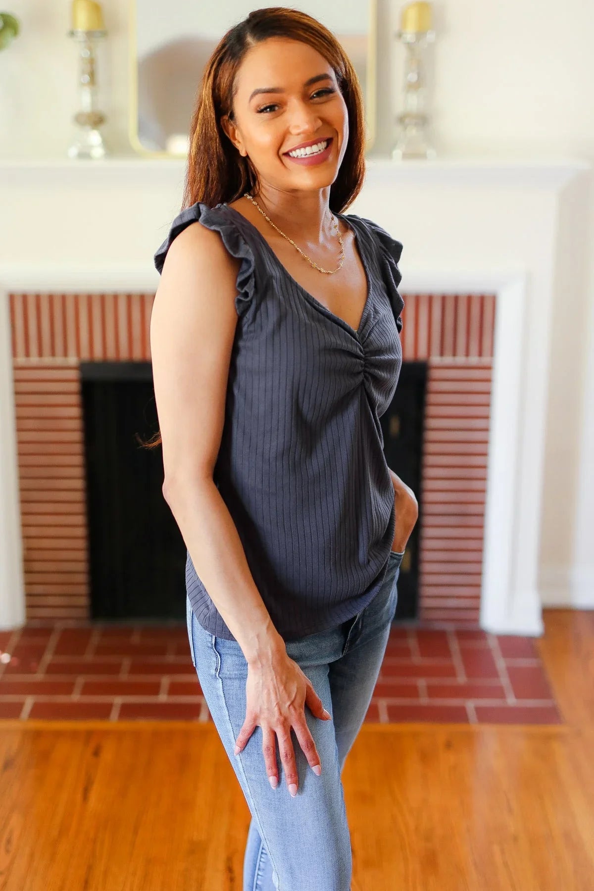 Sunny Days Charcoal Sweetheart Neckline Ribbed Top | Daverri Fashions