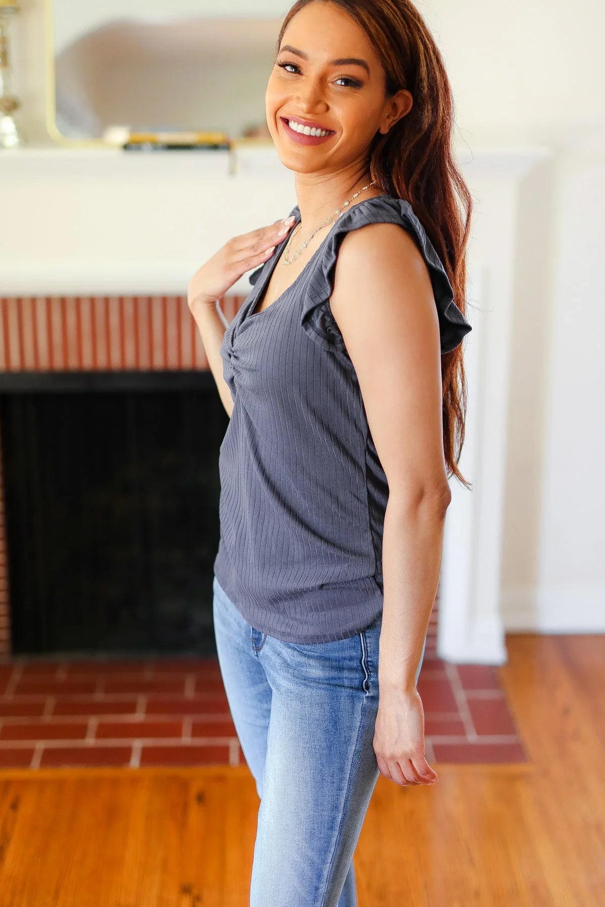 Sunny Days Charcoal Sweetheart Neckline Ribbed Top | Daverri Fashions