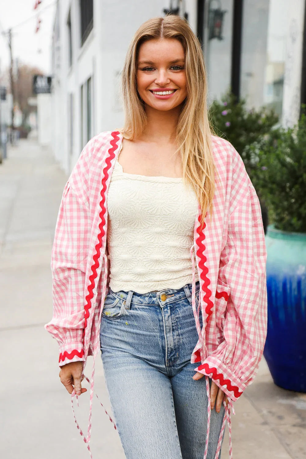 Spell Bound Red & Pink Cotton Ribbon Tie Gingham Pocket Jacket | Daverri Fashions