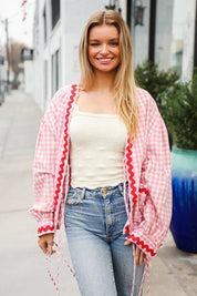 Spell Bound Red & Pink Cotton Ribbon Tie Gingham Pocket Jacket | Daverri Fashions