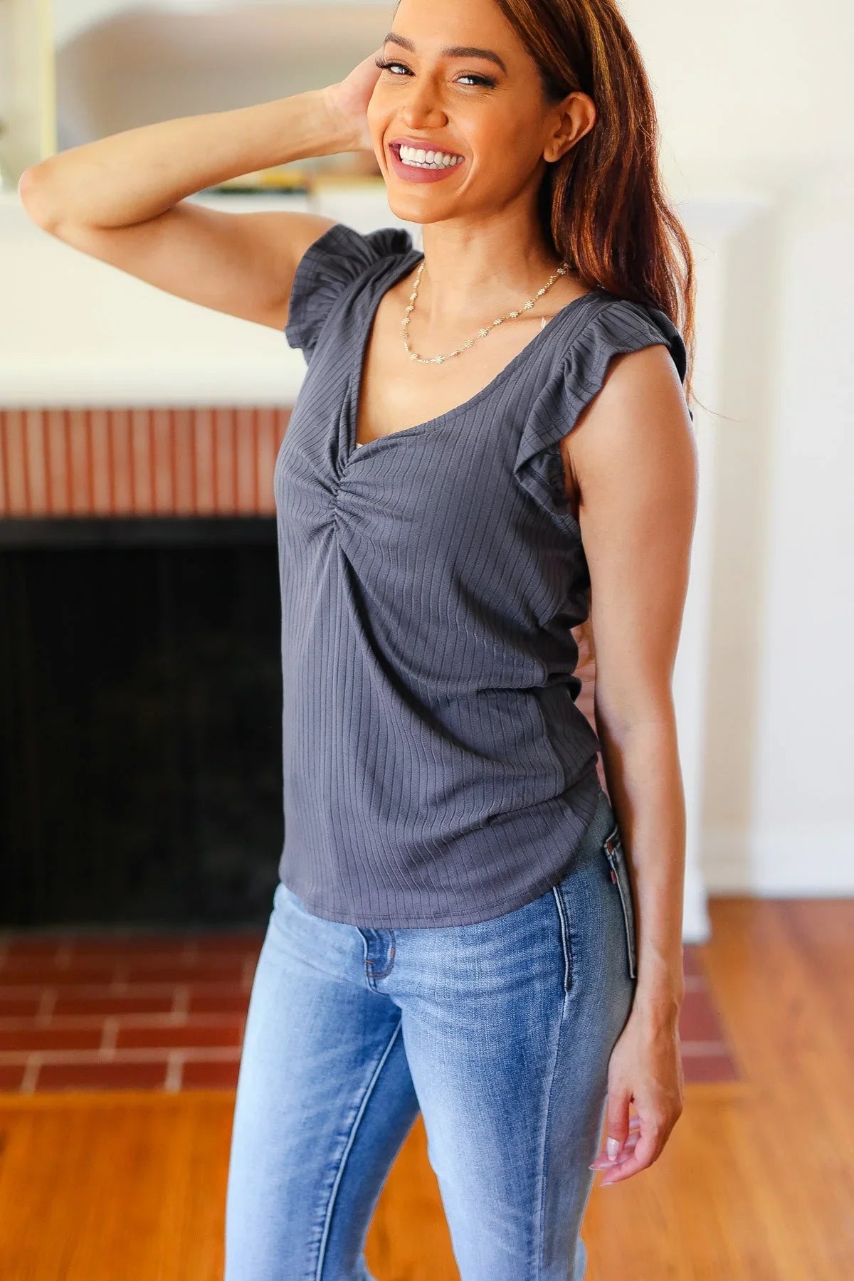 Sunny Days Charcoal Sweetheart Neckline Ribbed Top | Daverri Fashions