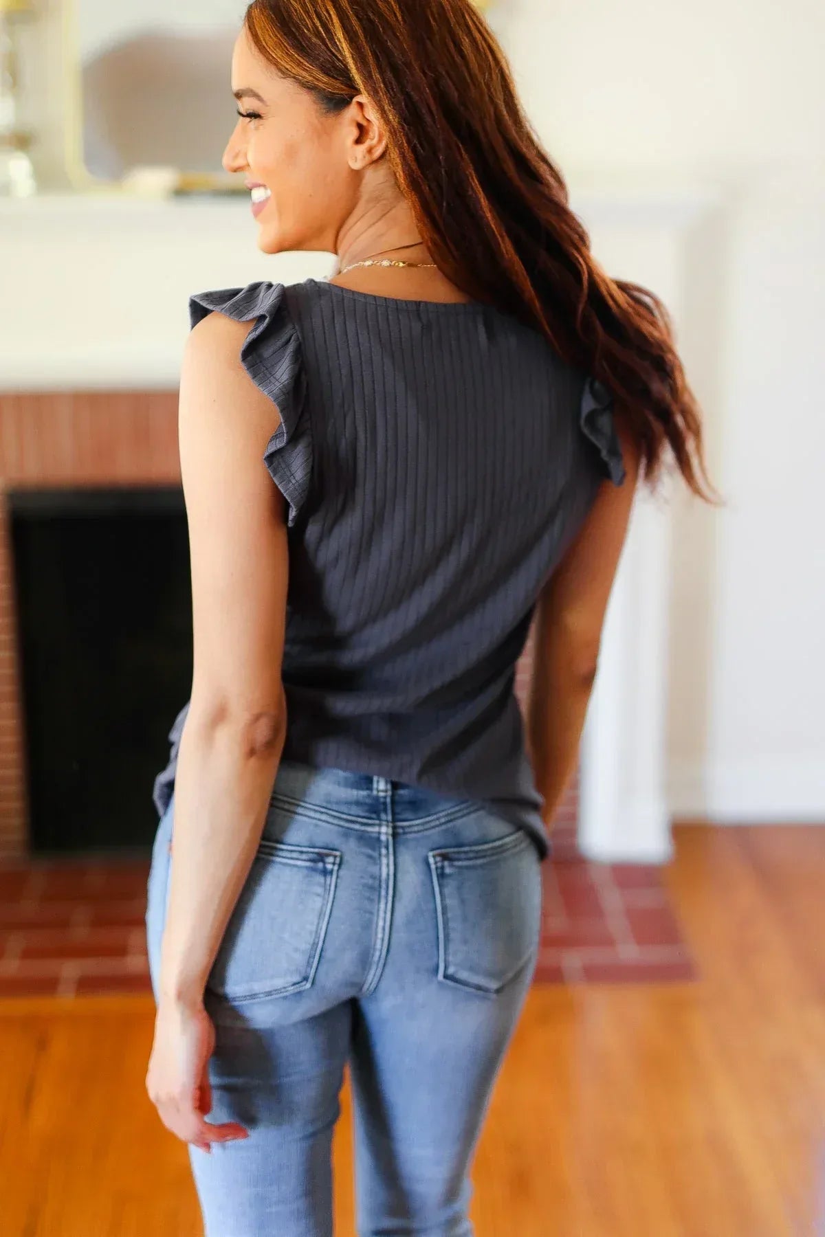 Sunny Days Charcoal Sweetheart Neckline Ribbed Top - DAVERRI FASHIONS