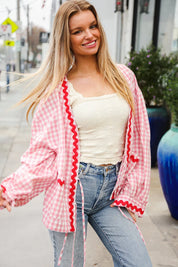 Spell Bound Red & Pink Cotton Ribbon Tie Gingham Pocket Jacket | Daverri Fashions