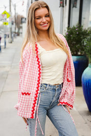 Spell Bound Red & Pink Cotton Ribbon Tie Gingham Pocket Jacket | Daverri Fashions