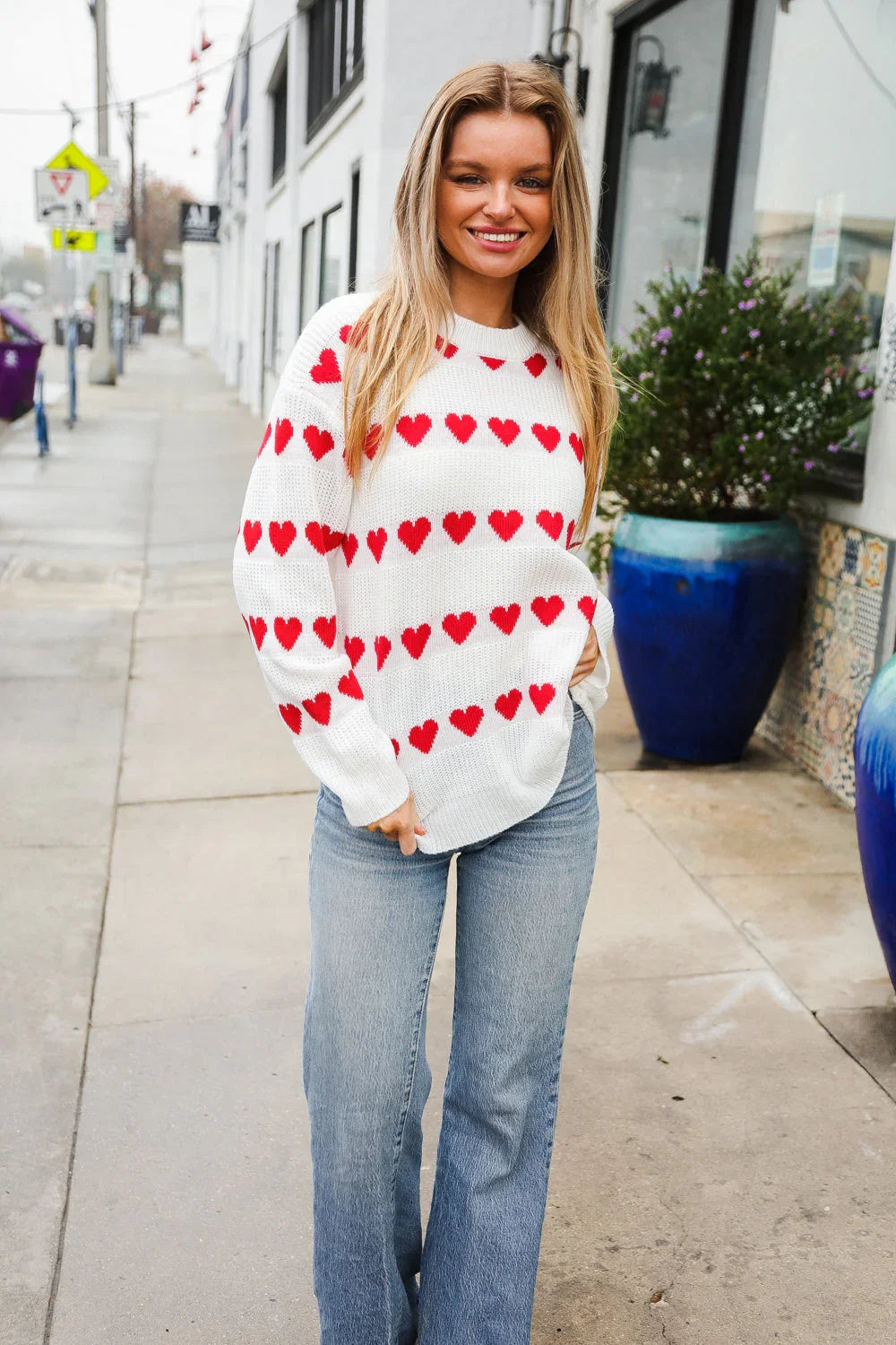 Be Mine White Jacquard Heart Stripe Pullover Sweater | Daverri Fashions
