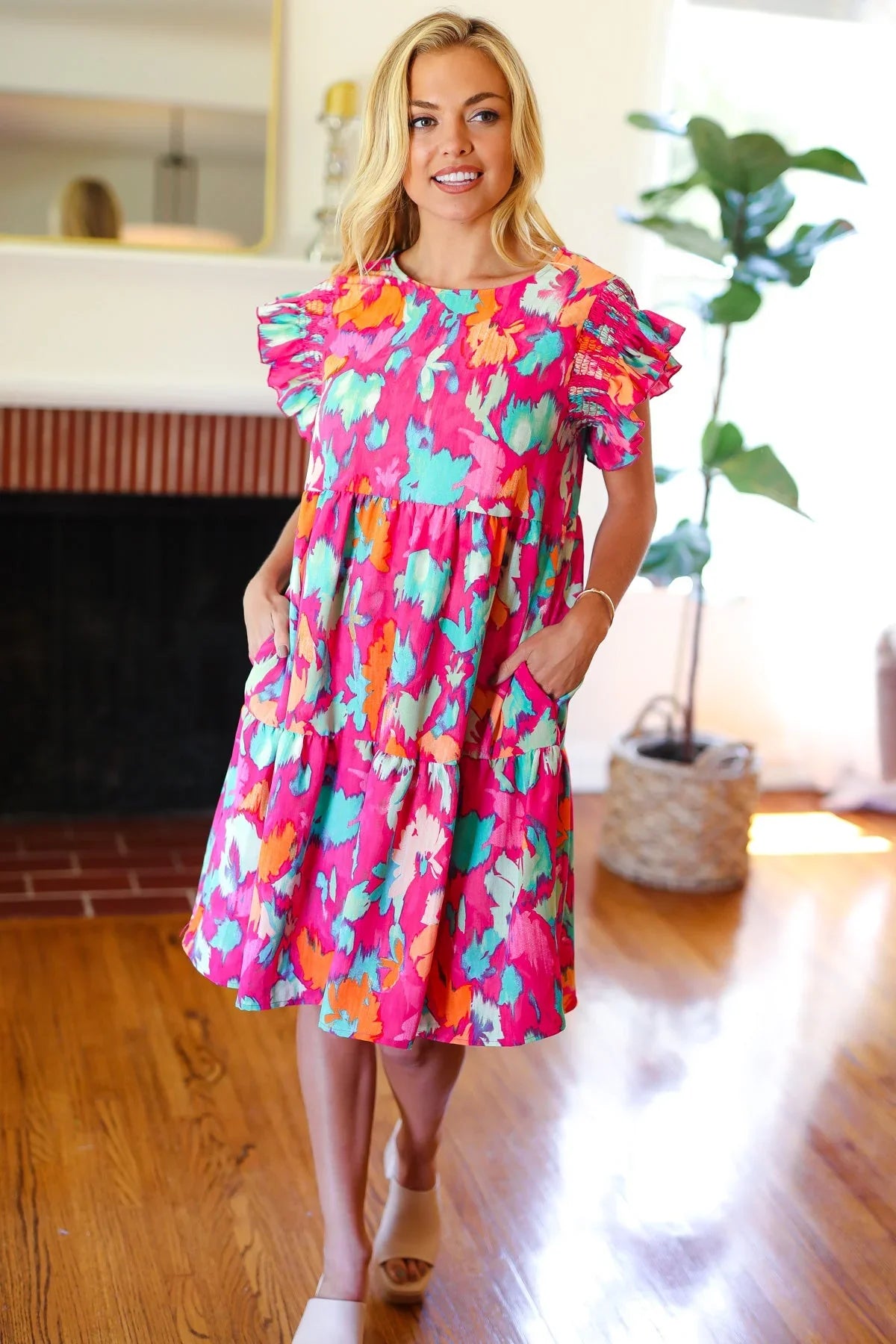 Look of Love Fuchsia Abstract Floral Print Smocked Ruffle Sleeve Dress | Daverri Fashions
