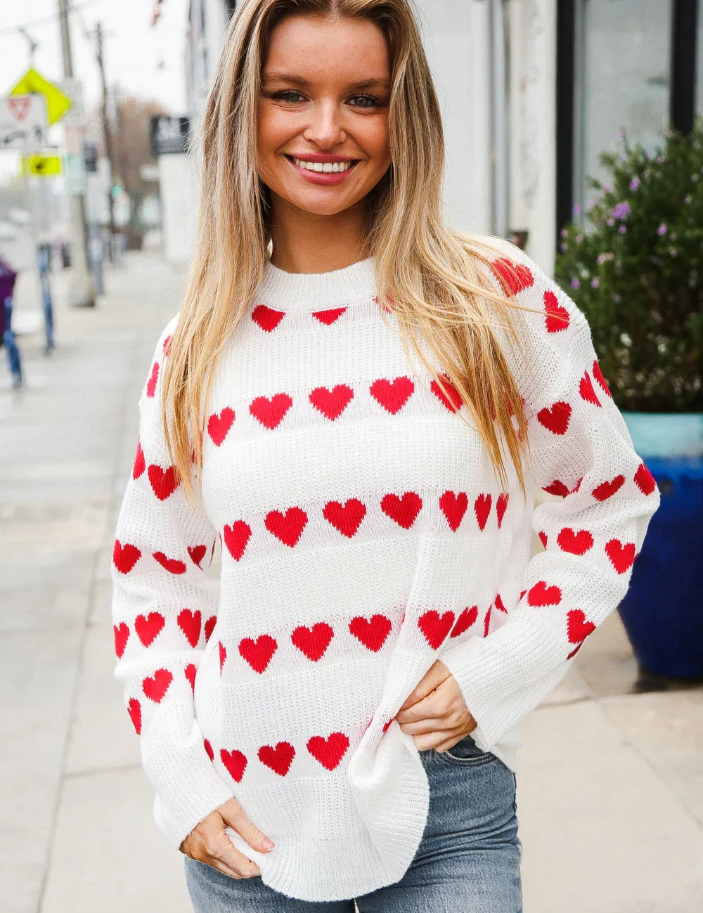 Be Mine White Jacquard Heart Stripe Pullover Sweater | Daverri Fashions