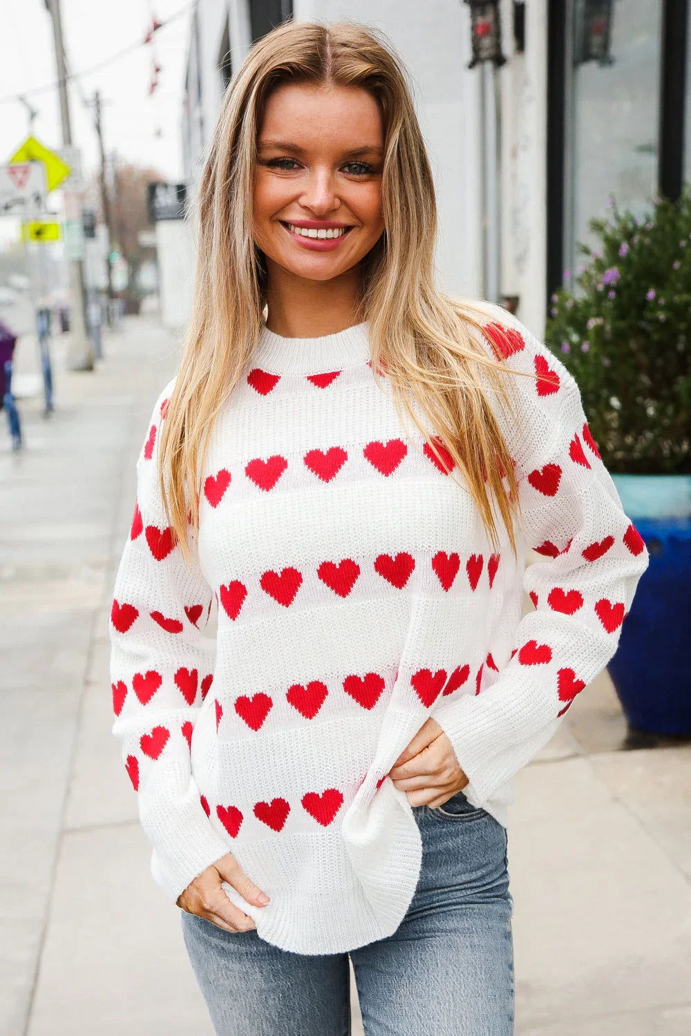 Be Mine White Jacquard Heart Stripe Pullover Sweater | Daverri Fashions
