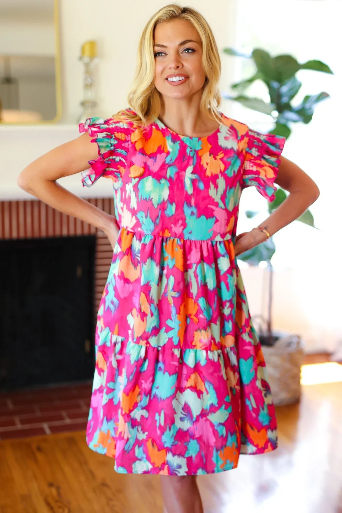 Look of Love Fuchsia Abstract Floral Print Smocked Ruffle Sleeve Dress | Daverri Fashions