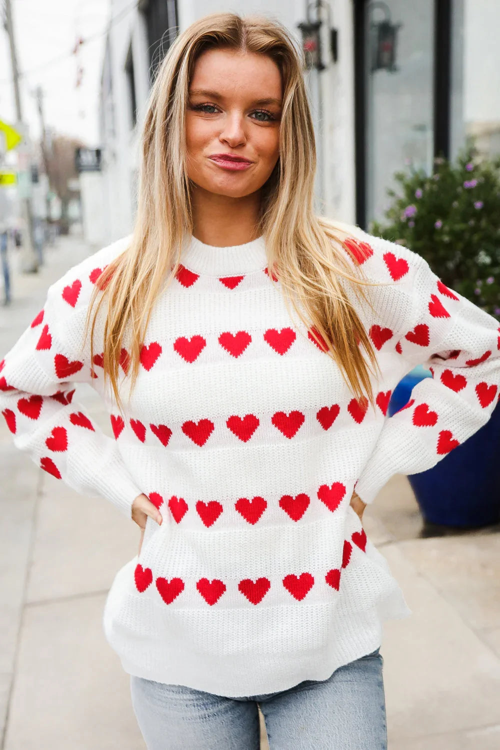 Be Mine White Jacquard Heart Stripe Pullover Sweater | Daverri Fashions