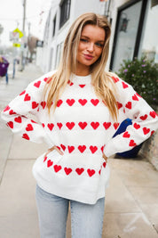 Be Mine White Jacquard Heart Stripe Pullover Sweater | Daverri Fashions