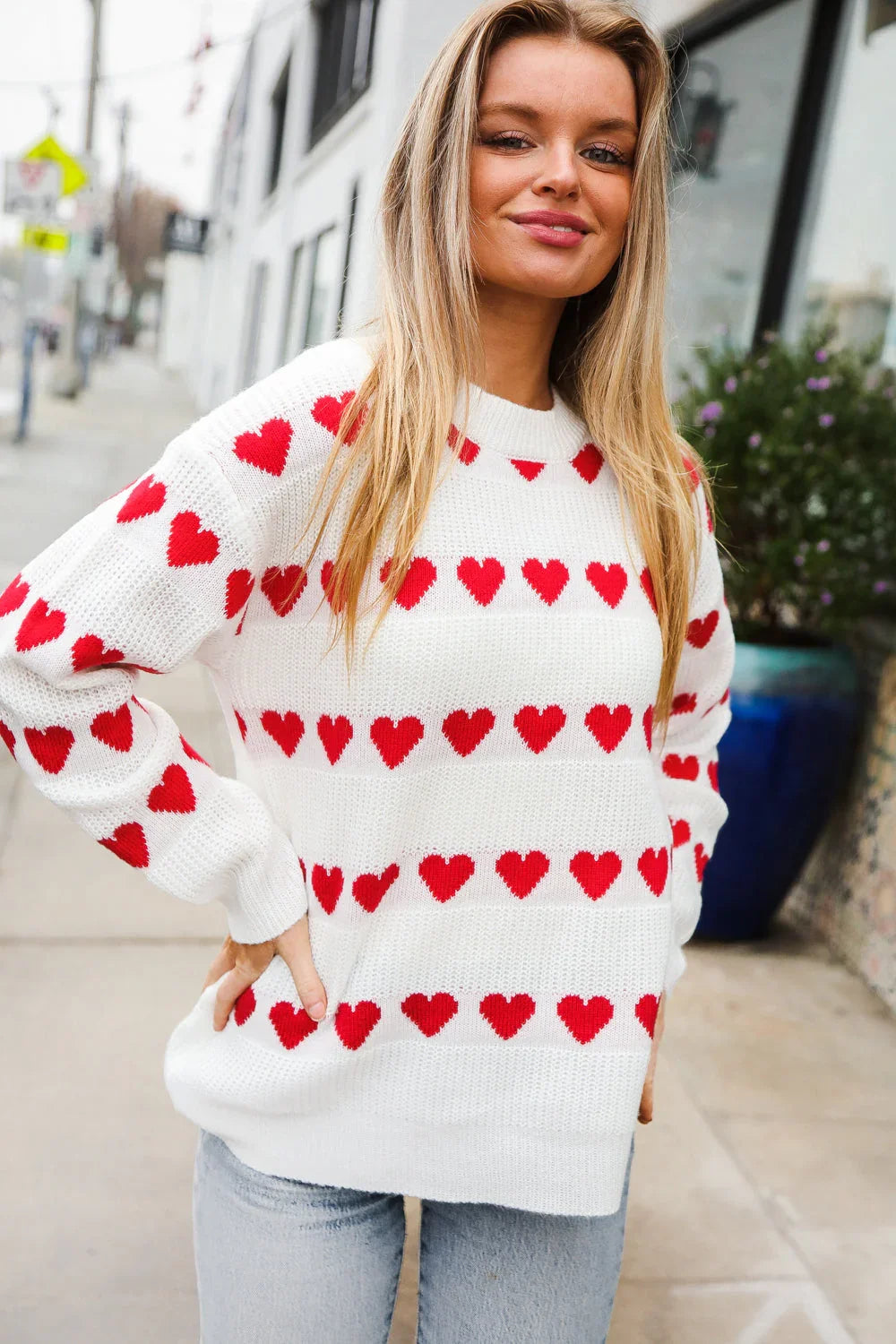 Be Mine White Jacquard Heart Stripe Pullover Sweater | Daverri Fashions