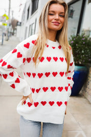 Be Mine White Jacquard Heart Stripe Pullover Sweater | Daverri Fashions