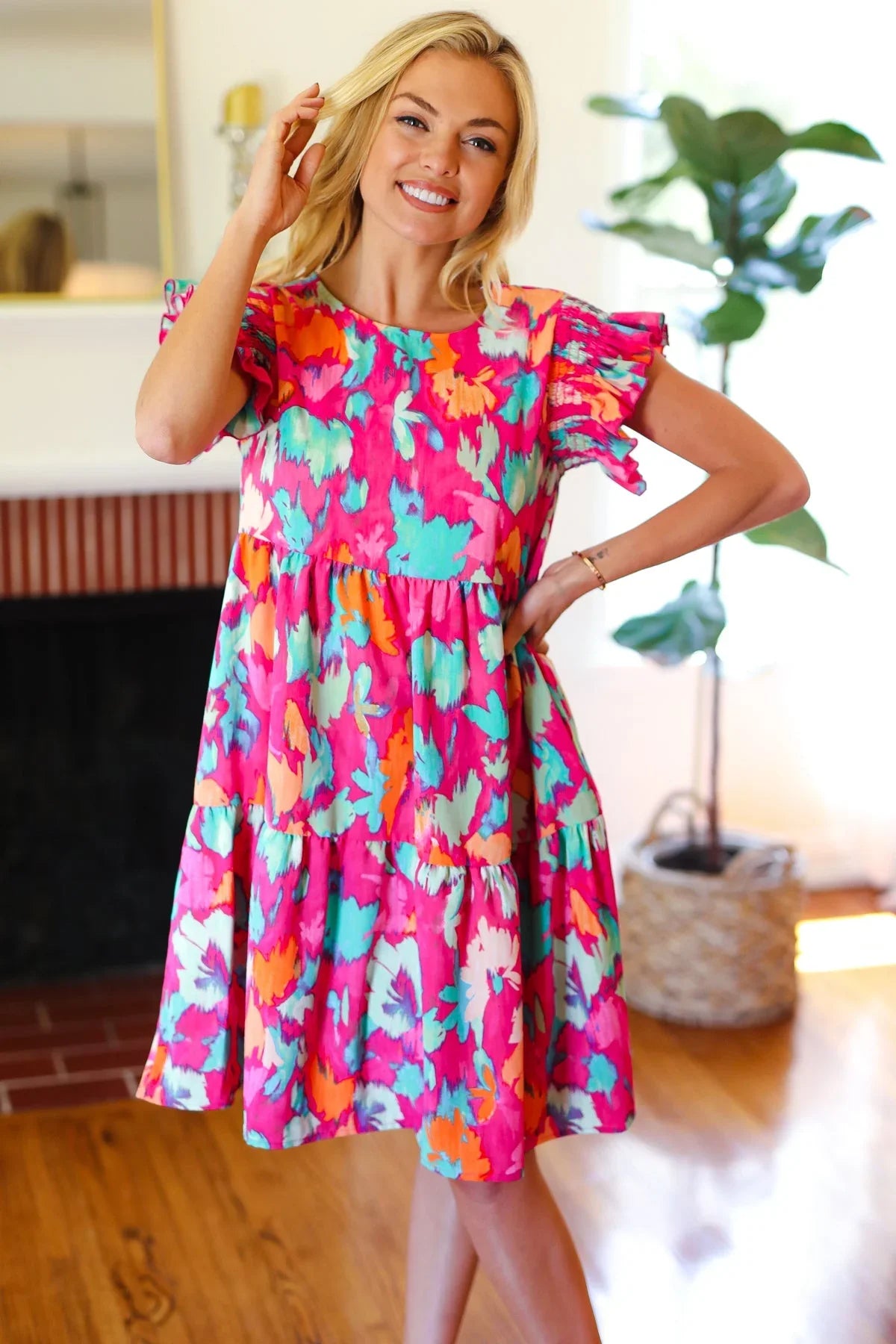 Look of Love Fuchsia Abstract Floral Print Smocked Ruffle Sleeve Dress | Daverri Fashions