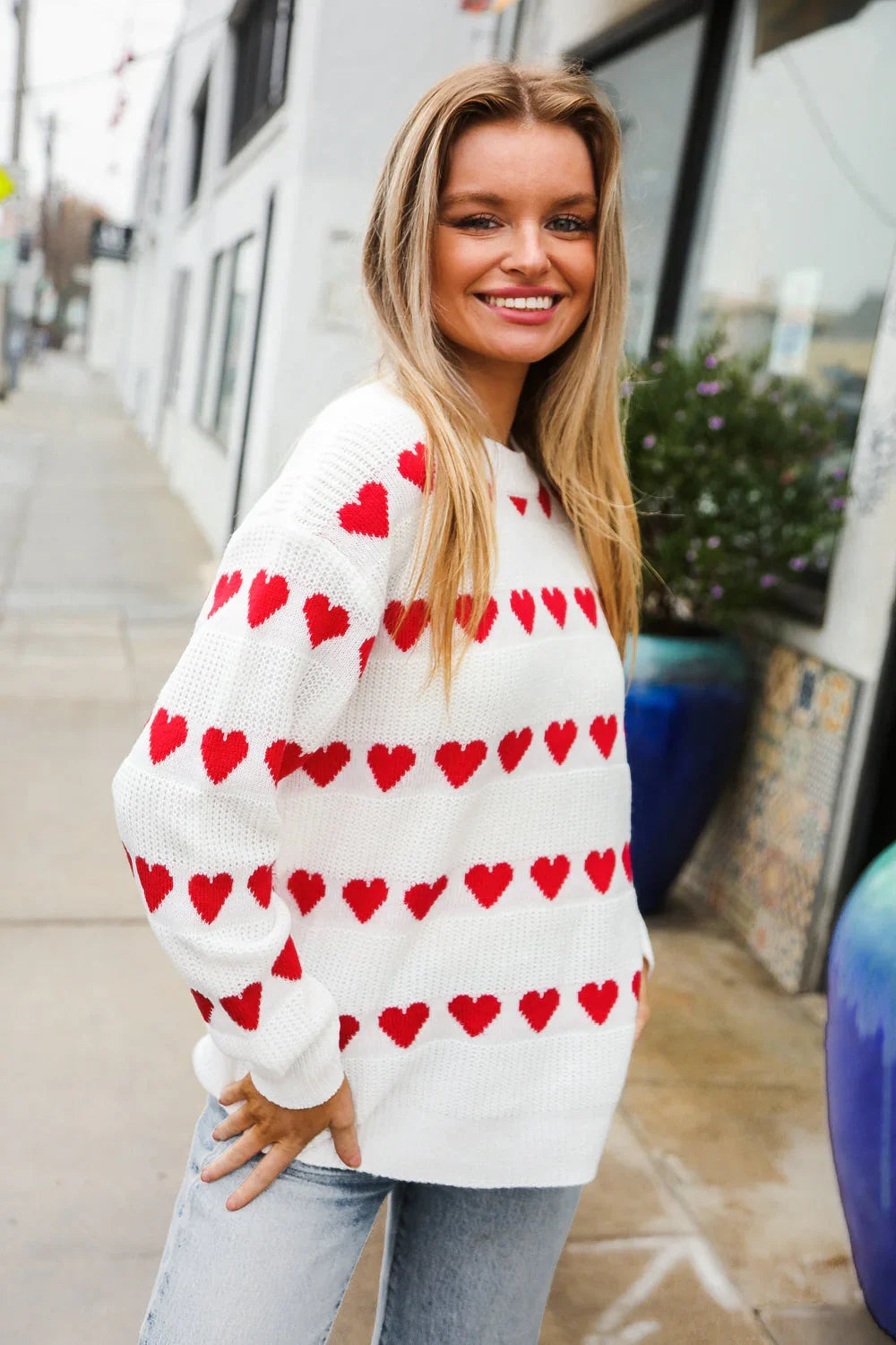 Be Mine White Jacquard Heart Stripe Pullover Sweater | Daverri Fashions