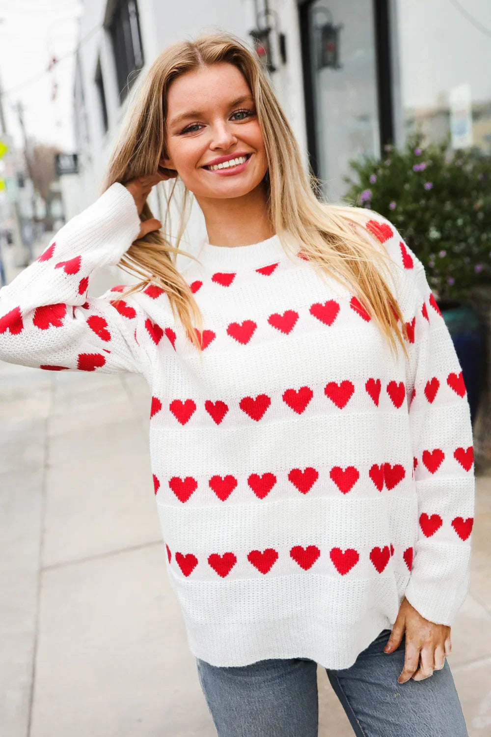 Be Mine White Jacquard Heart Stripe Pullover Sweater | Daverri Fashions