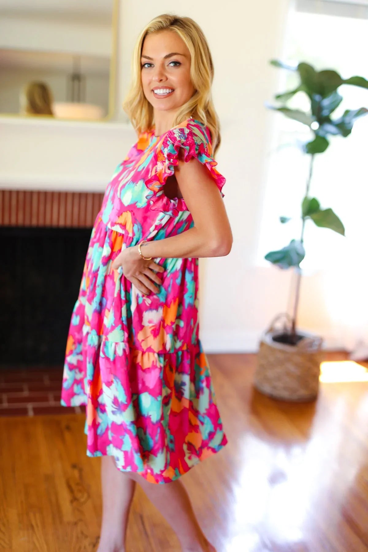 Look of Love Fuchsia Abstract Floral Print Smocked Ruffle Sleeve Dress | Daverri Fashions