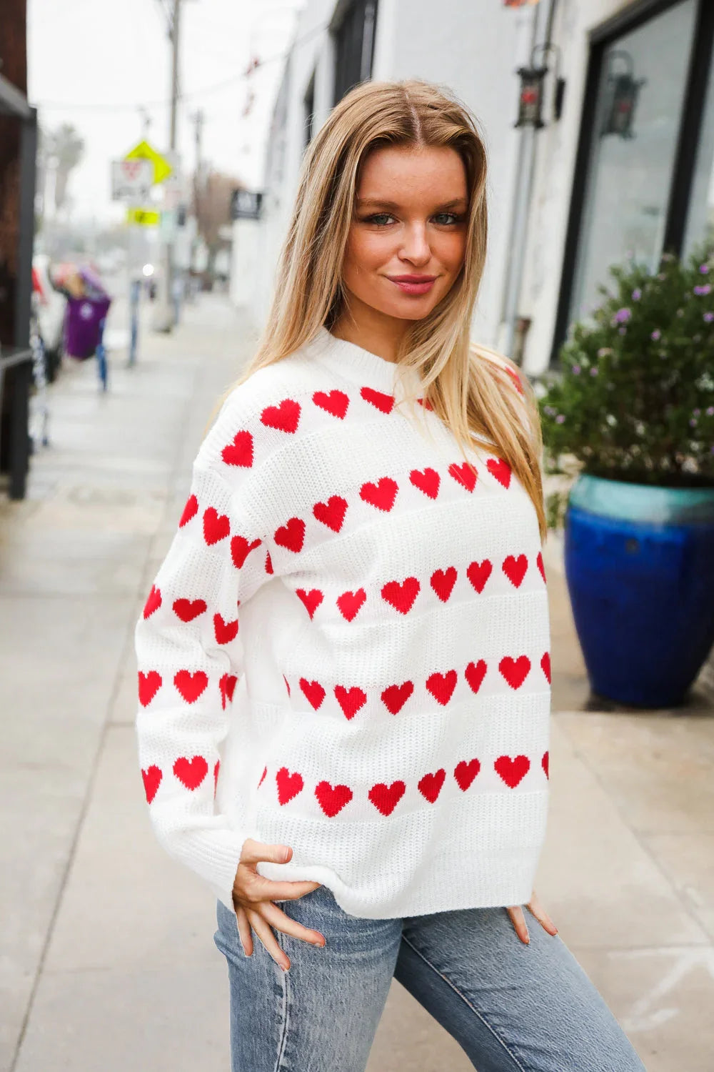Be Mine White Jacquard Heart Stripe Pullover Sweater | Daverri Fashions