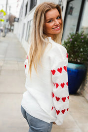 Be Mine White Jacquard Heart Stripe Pullover Sweater | Daverri Fashions