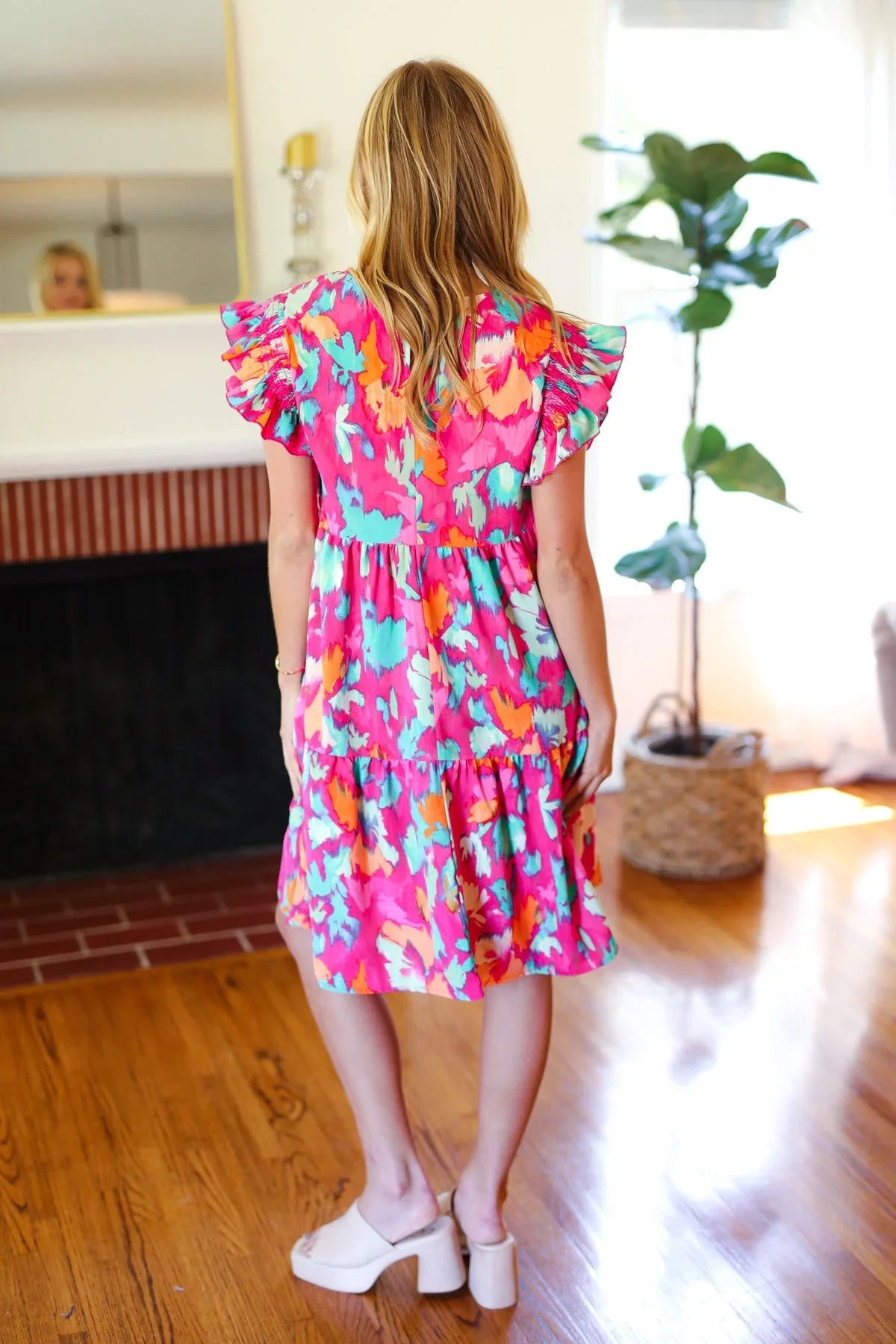 Look of Love Fuchsia Abstract Floral Print Smocked Ruffle Sleeve Dress | Daverri Fashions