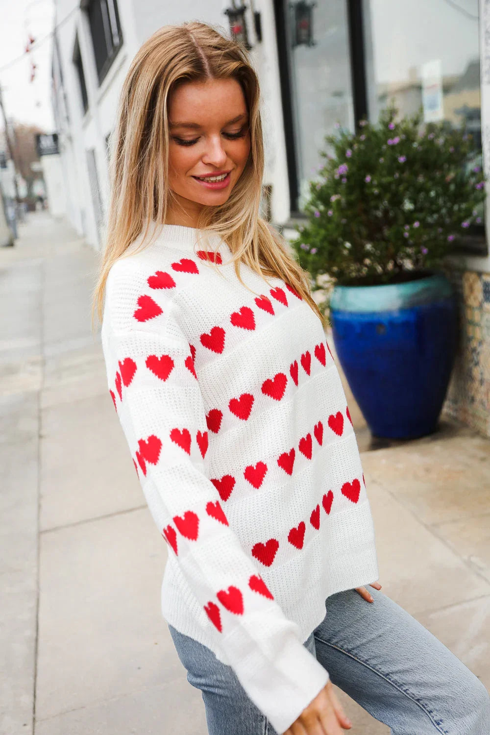 Be Mine White Jacquard Heart Stripe Pullover Sweater | Daverri Fashions
