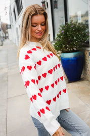 Be Mine White Jacquard Heart Stripe Pullover Sweater | Daverri Fashions