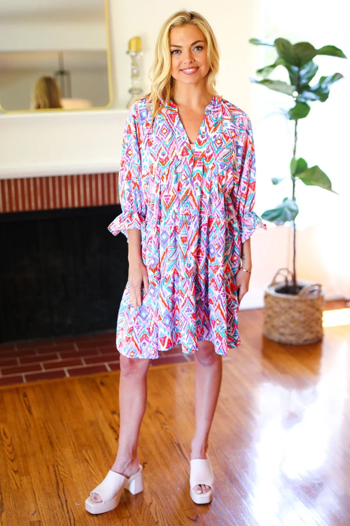 Love Found Blue & Lavender Ikat Print V Neck Dress | 2024 Summer Blow Out Sale Daverri Fashions