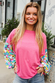 Lock Eyes Pink & Floral Bubble Sleeve French Terry Pullover | Daverri Fashions