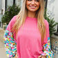 Lock Eyes Pink & Floral Bubble Sleeve French Terry Pullover - DAVERRI FASHIONS