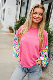Lock Eyes Pink & Floral Bubble Sleeve French Terry Pullover | Daverri Fashions